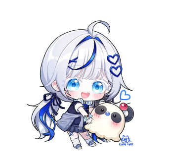 1girl absurdres ahoge aokumo_rin artist_name bandaid bandaid_on_knee bandaid_on_leg black_ribbon black_skirt blue_cardigan blue_eyes blue_hair blue_ribbon blue_sweater_vest cardigan cardigan_around_waist charachan900 cherry chibi chibi_only clothes_around_waist food fruit grey_hair hair_ornament headphones headphones_around_neck heart heart_hair_ornament highres kurimi_(aokumo_rin) multicolored_hair neck_ribbon open_mouth pleated_skirt ribbon school_uniform scrunchie shirt shoes simple_background skirt socks stellive streaked_hair sweater_vest teeth twintails upper_teeth_only virtual_youtuber white_background white_shirt white_shoes white_socks wrist_scrunchie x_hair_ornament