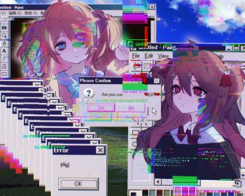 Rule 34 | 2girls, ahoge, ambermut, aqua bow, aqua bowtie, art program in frame, black cardigan, blank eyes, blue eyes, blue sailor collar, bow, bowtie, brown hair, cardigan, chromatic aberration, closed mouth, cloud, collared shirt, curled fingers, cursor, desktop (computing), double-parted bangs, error message, evil neuro-sama, glitch, grass, hands up, highres, holding, long hair, long sleeves, looking up, microsoft paint (software), multiple girls, neuro-sama, off-shoulder cardigan, open mouth, red bow, red bowtie, red eyes, sailor collar, shirt, siblings, sisters, sky, twins, two side up, vedal ai, white shirt, window (computing), yellow cardigan