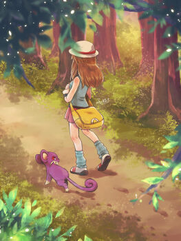 1girl brown_hair commentary_request day eiki_(yumekapu) footprints gen_1_pokemon grass hat highres kneepits leaf_(pokemon) long_hair loose_socks nintendo outdoors path pleated_skirt pokemon pokemon_(creature) pokemon_frlg rattata red_skirt road shirt shoes skirt sleeveless sleeveless_shirt socks standing tree walking white_hat yellow_bag