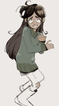 1girl artist_request brown_eyes brown_hair commentary_request green_sweater highres libby_stein-torres long_hair looking_at_viewer multicolored_hair non-web_source open_mouth shirt smile solo source_request streaked_hair sweater the_ghost_and_molly_mcgee very_long_hair