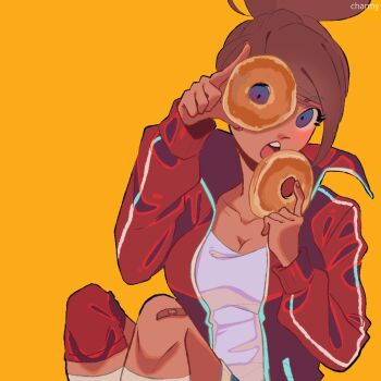 1girl artist_name asahina_aoi bandaid bandaid_on_knee bandaid_on_leg blue_eyes breasts brown_hair charmy-s-thing cleavage collarbone commentary danganronpa:_trigger_happy_havoc danganronpa_(series) dark-skinned_female dark_skin donut english_commentary eyelashes food holding holding_donut holding_food jacket long_sleeves looking_through_donut open_clothes open_jacket open_mouth red_jacket shirt simple_background sitting solo tan teeth upper_teeth_only white_shirt yellow_background