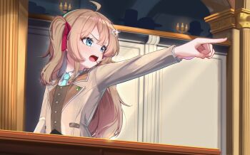 Rule 34 | 1girl, absurdres, ace attorney, ahoge, aqua bow, aqua bowtie, aqua necktie, badge, blue eyes, bow, bowtie, brown hair, brown jacket, brown suit, brown vest, button badge, candle, candlestand, collared shirt, commentary, courtney (pokemon), courtroom, english commentary, flat chest, formal clothes, from side, hair between eyes, hair ornament, hair ribbon, hairclip, heart, heart hair ornament, highres, indoors, jacket, lapels, long hair, long sleeves, mayou940114, necktie, neuro-sama, notched lapels, objection, open mouth, parody, people, pointing, red ribbon, ribbon, shirt, solo focus, suit, turtle button, two side up, upper body, vedal ai, vest, virtual youtuber, white shirt