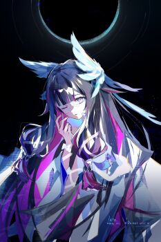 1girl arm_ribbon black_background black_hair columbina_(genshin_impact) commentary_request eye_mask feathered_wings genshin_impact hair_ornament hair_ribbon highres long_hair luta_(luta_1013) mask multicolored_hair one_eye_closed pink_hair ribbon see-through_clothes see-through_mask silver_trim solo two-tone_hair watermark wing_hair_ornament wings