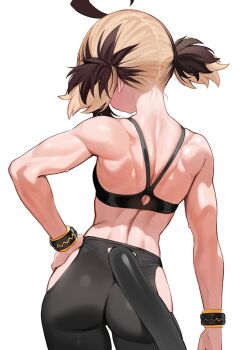 1girl ahoge ass back bike_shorts black_shorts black_sports_bra blonde_hair brown_hair clothing_cutout commentary contrapposto criss-cross_halter english_commentary facing_away from_behind gigi_murin halterneck hand_on_own_hip highres hip_vent hololive hololive_english hoshi_usagi huge_ahoge median_furrow multicolored_hair muscular muscular_female short_hair short_twintails shorts simple_background solo sports_bra sweat tail trapezius triceps twintails two-tone_hair virtual_youtuber white_background