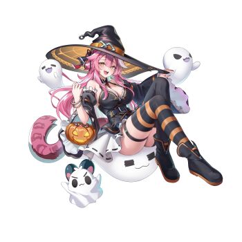 1girl :d absurdres animal_ears aoi_13 belt black_belt black_boots black_dress black_hat black_thighhighs boots breasts candy center-flap_bangs chattino_(raora_panthera) cleavage commentary_request cookie detached_sleeves double-parted_bangs dress earrings food frilled_sleeves frills full_body garter_straps ghost halterneck hat highres hololive hololive_english jack-o&#039;-lantern jewelry large_breasts layered_dress long_hair looking_at_viewer mismatched_thighhighs multicolored_hair open_mouth orange_thighhighs panther_ears panther_girl panther_tail pink_hair raora_panthera short_dress sidelocks simple_background single_garter_strap sleeveless sleeveless_dress smile solo streaked_hair striped_clothes striped_thighhighs tail teeth thigh_strap thighhighs upper_teeth_only very_long_hair virtual_youtuber white_background white_streaks wide_sleeves witch_hat yellow_eyes