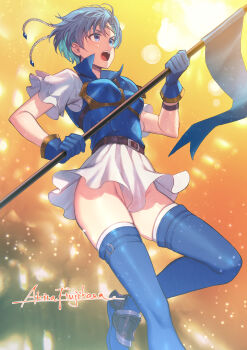 1girl absurdres blue_eyes blue_hair commission fire_emblem fire_emblem:_the_binding_blade fujikawa_akira gloves headband highres holding nintendo no_panties non-web_source open_mouth shanna_(fire_emblem) skirt tagme thighhighs zettai_ryouiki