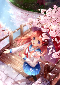 1girl :d absurdres black_pantyhose blue_sailor_collar blue_skirt bow branch bridge brown_hair buji cherry_blossoms commentary_request dated day falling_petals from_above full_body gekkan_shoujo_nozaki-kun hair_bow highres long_hair long_sleeves looking_at_viewer looking_up name_connection object_namesake open_hand open_mouth outdoors pantyhose petals pleated_skirt polka_dot polka_dot_bow purple_eyes red_bow reflection reflective_liquid revision river sailor_collar sakura_chiyo school_uniform serafuku shirt skirt smile solo umbrella white_shirt