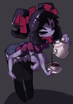 Rule 34 | 1girl, :3, arthropod girl, black eyes, black hair, black sclera, black thighhighs, bow, bowtie, closed mouth, colored sclera, colored skin, cup, denim, denim shorts, extra arms, extra eyes, fangs, full body, grey background, hair bow, highres, holding, holding saucer, holding teapot, imerald, insect girl, leaning forward, medium hair, monster girl, muffet, pouring, purple skin, red bow, red bowtie, red shirt, saucer, shirt, short hair, shorts, simple background, smile, solo, spider girl, teacup, teapot, thighhighs, two side up, undertale, utdr (toby fox)