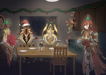 Rule 34 | 1boy, absurdres, antlers, argenti (honkai: star rail), armor, bare shoulders, breastplate, chair, christmas, christmas tree hair ornament, commentary, cuisses, fake horns, full armor, gauntlets, greaves, green hat, hair ornament, hairband, hat, highres, honkai: star rail, honkai (series), horn hairband, horns, indoors, leg armor, long hair, polearm, quomyoyo, red hair, red hat, reindeer antlers, santa hat, shield, solo, spear, table, weapon, wooden chair, wooden table