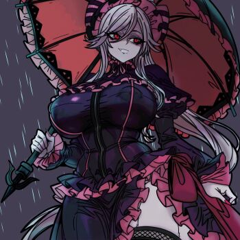 Rule 34 | 1girl, bonnet, bow, breasts, commentary, covered erect nipples, cowboy shot, dress, english commentary, fang, fingernails, frilled dress, frills, from below, garter belt, gothic lolita, hair between eyes, highres, holding, holding umbrella, large breasts, lolita fashion, long hair, long sleeves, looking to the side, master dcj, overlord (maruyama), pale skin, rain, red eyes, red nails, shalltear bloodfallen, sharp fingernails, slit pupils, solo, striped bow, thighs, umbrella, vampire, white hair