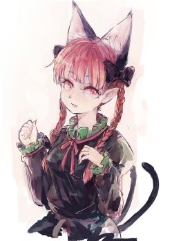 1girl animal_ear_fluff animal_ears black_bow bow braid breasts cat_ears cat_tail clenched_hand commentary_request extra_ears hair_bow kaenbyou_rin long_hair long_sleeves looking_at_viewer multiple_tails pointy_ears red_eyes red_hair simple_background slit_pupils small_breasts solo tail touhou twin_braids twintails two_tails wataichi_meko white_background