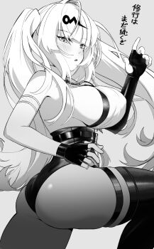 1girl absurdres adapted_costume alternate_hairstyle armlet ass asymmetrical_gloves bare_shoulders blunt_bangs blush breasts capitan_wei commentary_request elbow_gloves fingerless_gloves from_side gloves grey_background greyscale hair_ornament hairclip hands_up high-waist_shorts highres jewelry large_breasts leg_up long_hair looking_at_viewer looking_to_the_side micro_shorts monochrome parted_lips shirt shorts sideboob sideless_shirt simple_background single_hair_intake skindentation sleeveless sleeveless_shirt solo standing standing_on_one_leg thigh_strap thighhighs translation_request twintails uneven_gloves very_long_hair yixuan_(zenless_zone_zero) zenless_zone_zero