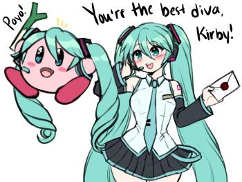 1girl aqua_hair blue_eyes blush_stickers commentary_request cosplay crossover detached_sleeves hatsune_miku hatsune_miku_(cosplay) hatsune_miku_(vocaloid3) highres holding jojobee kirby kirby_(series) long_hair looking_at_another necktie nintendo open_mouth simple_background skirt smash_invitation smile source_request twintails very_long_hair vocaloid