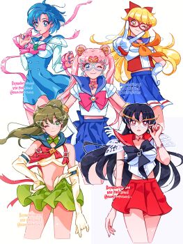 1990s_(style) 5girls absurdres aino_minako arm_belt armor back_bow back_ribbon bead_bracelet bead_choker beads belt bishoujo_senshi_sailor_moon black_bow black_bowtie black_hair blue_bow blue_choker blue_eyes blue_sailor_collar blue_shoes blue_skirt boots border bow bowtie bracelet bright_pupils brooch buttons choker circlet closed_mouth collar crescent crescent_earrings crescent_ring cropped_shirt detached_collar dot_nose double_bun earrings elbow_gloves eyelashes faux_retro_artstyle feather-trimmed_skirt gloves green_collar green_hair green_skirt hair_bow hair_bun hair_ornament headset heart heart_in_eye high-waist_skirt high_collar highres hino_rei holding holding_mask jewelry jupiter_symbol kino_makoto light_blush long_hair long_sleeves looking_at_viewer magical_girl mars_symbol mask masquerade_mask mercury_symbol midriff miniskirt mizuno_ami multiple_belts multiple_girls namisonpictures navel neckerchief one_eye_closed open_mouth orange_eyes orange_neckerchief parted_bangs pauldrons pink_bow pink_bowtie pink_hair pink_ribbon pleated_skirt ponytail prototype_design red_belt red_bow red_bowtie red_choker red_eyes red_mask red_ribbon red_sailor_collar red_skirt retro_artstyle ribbon ring sailor_collar sailor_jupiter sailor_jupiter_(prototype) sailor_mars sailor_mars_(prototype) sailor_mercury sailor_mercury_(prototype) sailor_moon sailor_moon_(prototype) sailor_v school_uniform serafuku shirt shoes short_hair short_sleeves shoulder_armor skirt sleeveless sleeveless_shirt smile sphere_earrings standing star_(symbol) star_earrings straight_hair symbol_in_eye tsukino_usagi venus_symbol very_long_hair wavy_hair white_boots white_border white_gloves white_mask white_pupils white_shirt wrist_ribbon