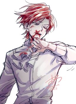1boy ascot blood blood_on_clothes blood_on_face blood_on_hands cale_henituse collared_shirt commentary_request dated hand_up highres long_sleeves lout_of_count&#039;s_family male_focus nosebleed one_eye_closed open_mouth osewa6363 red_hair shirt short_hair signature simple_background solo sweat sweatdrop upper_body white_ascot white_background white_shirt wiping_face