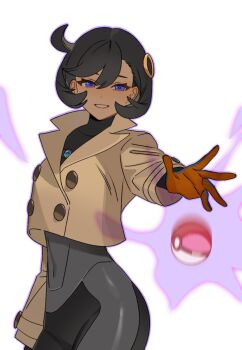 1girl absurdres ass black_bodysuit black_hair bodysuit bodysuit_under_clothes brown_jacket dark-skinned_female dark_skin dr_metagross emma_(pokemon) highres jacket looking_at_viewer nintendo poke_ball pokemon pokemon_legends:_z-a purple_eyes short_hair simple_background smile solo
