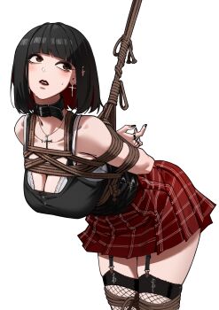 1girl absurdres arms_behind_back bare_shoulders bdsm black_hair black_thighhighs bondage bound bound_legs breast_bondage breasts brown_eyes cleavage collar collarbone garter_straps harris_hero highres large_breasts looking_to_the_side medium_breasts open_mouth original plaid_clothes plaid_skirt pleated_skirt restrained shibari shibari_over_clothes skindentation skirt slave solo standing sweatdrop teeth thighhighs white_background zettai_ryouiki