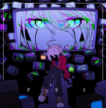 1boy ahoge android bin_ta_roji_ka commentary_request converse crossed_legs crt danganronpa_(series) danganronpa_v3:_killing_harmony dark_background eyeball full_body glitch glowing glowing_eyes hair_between_eyes highres inverted_colors jacket k1-b0 long_sleeves looking_at_viewer male_focus monitor pants psi_(vocaloid) ringed_eyes robot_ears screen short_hair sitting solo television white_hair