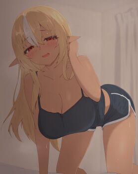 1girl all_fours alternate_costume black_camisole black_shorts blonde_hair breasts camisole commentary dark-skinned_female dark_elf dark_skin dolphin_shorts elf hair_between_eyes half-closed_eyes highres hololive indoors large_breasts long_hair looking_at_viewer multicolored_hair naughty_face open_mouth pointy_ears red_eyes sen_(senkuden) shiranui_flare shorts sidelocks smile solo streaked_hair sweat tucking_hair two-tone_hair virtual_youtuber white_hair white_streaks