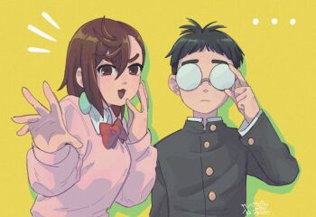 ... 1boy 1girl :3 adjusting_eyewear ariamikukanzaki ayase_momo black_hair bow bowtie breasts brown_eyes brown_hair commentary dandadan earrings film_grain gakuran glasses hashtag-only_commentary jewelry kami_high_school_uniform medium_breasts opaque_glasses pink_sweater red_bow red_bowtie round_eyewear school_uniform sweater takakura_ken_(dandadan) twitter_username