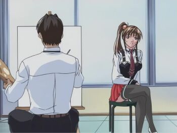 00s 1boy 1girl 2001 2003 angry animated ass bent_over bible_black bible_black_night_of_the_walpulgiss black_thighhighs bow bowtie breasts brown_hair cameltoe clothes_lift crossed_legs easel english_text female_focus green_eyes hands_on_own_hips imari_kurumi large_breasts leaning_forward legs minase_taki modeling paint paint_palette painting_(medium) panties pantyshot portrait running scared school_uniform short_hair side_ponytail sitting skirt skirt_lift smile sound striped_clothes striped_panties tagme thighhighs thighs traditional_media underwear video walking