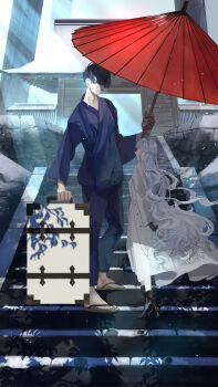 Rule 34 | 1boy, 1girl, absurdres, adam's apple, black footwear, black gloves, black hair, braid, coat, dappled sunlight, day, eye contact, gloves, high heels, highres, holding luggage, long hair, looking at another, oil-paper umbrella, original, outdoors, samue, sandals, short hair, stairs, standing, sunlight, tagusa, umbrella, very long hair, white coat