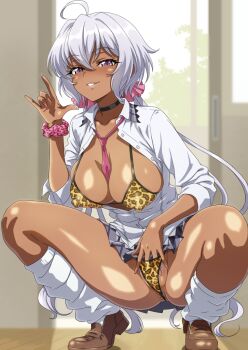 1girl ahoge animal_print anus anus_peek ass black_choker blush bra breasts cameltoe choker cleavage commentary_request covered_erect_nipples gyaru hair_ornament hair_scrunchie hand_in_panties highres indoors large_breasts leopard_print leopard_print_bra leopard_print_panties long_hair looking_at_viewer lydian_academy_school_uniform microskirt nail_polish necktie panties pink_necktie pink_scrunchie print_bra print_panties purple_eyes school_uniform scrunchie senki_zesshou_symphogear shirt skirt smile socks solo spread_legs squatting syunzou underwear white_hair white_shirt white_socks yukine_chris