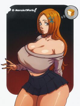 1girl alternate_breast_size_(larger) artist_name ass bare_shoulders bleach border bread breasts brown_eyes cleavage collarbone curvy female_focus food g-moreartworks hair_ornament hairclip highres huge_breasts inoue_orihime lips midriff navel one_eye_closed orange_hair patreon_username shiny_skin simple_background skirt snowflake_hair_ornament solo solo_focus standing thick_thighs thighs tongue white_border wide_hips wink
