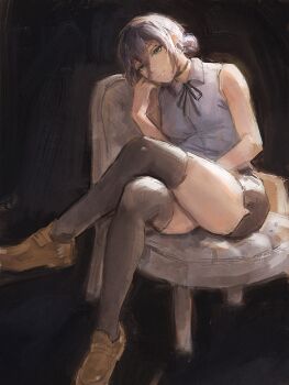 1girl absurdres black_choker black_hair black_ribbon black_shorts black_thighhighs brown_shoes chainsaw_man chair choker collared_shirt crossed_legs green_eyes grey_shirt hair_between_eyes hair_bun highres loafers looking_at_viewer mon_(icebuko) neck_ribbon reze_(chainsaw_man) ribbon shirt shoes short_shorts shorts sitting sleeveless sleeveless_shirt solo thighhighs