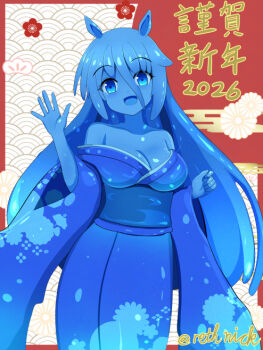 Rule 34 | 1girl, 2026, animal ears, bare shoulders, blue eyes, blue hair, blue kimono, border, breasts, chinese zodiac, cleavage, collarbone, commentary request, egasumi, floral print, horse ears, japanese clothes, kimono, long sleeves, medium breasts, monster girl, off shoulder, original, outside border, print kimono, red border, rethnick, seigaiha, slime girl, solo, twitter username, wide sleeves, year of the horse