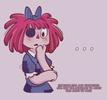 ... 1girl blush bow doll dress english_text hair_bow hand_on_own_chin hand_on_own_face highres patchwork_clothes ragatha_(the_amazing_digital_circus) red_hair taikko the_amazing_digital_circus twitter_username