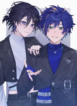 Rule 34 | 10 io, 2boys, :3, astel leda, beckoning, belt, belt buckle, black belt, black hair, black jacket, black nails, black pants, blonde streaks, blue hair, blue shirt, buckle, buttons, chain, commentary request, earrings, green eyes, grey background, grey belt, grin, hair ornament, hairclip, hand on another's shoulder, highres, holostars, jacket, jewelry, kanade izuru, lapel pin, lapels, layered sleeves, long sleeves, male focus, midriff, midriff peek, multicolored hair, multiple belts, multiple boys, multiple rings, nail polish, necklace, notched lapels, o-ring, pants, ponytail, purple eyes, ring, shirt, short hair, short over long sleeves, short ponytail, short sleeves, simple background, slit pupils, smile, streaked hair, teeth, turtleneck, turtleneck shirt, two-tone background, upper body, virtual youtuber, wavy hair, white background, white shirt