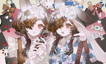 Rule 34 | 2girls, :3, absurdres, aegyo sal, animal ears, armband, artist name, asymmetrical bangs, bow, braid, brown bow, brown eyes, brown hair, candy, candy hair ornament, closed mouth, collared shirt, commission, dougla, fingernails, food, food-themed hair ornament, fork, fork hair ornament, frills, hair ornament, hairpin, heart, highres, holding, holding whisk, long hair, looking at viewer, makeup, multiple girls, one eye covered, open mouth, original, pink bow, pink nails, pixel art inset, rabbit ears, rouge (makeup), screentones, shirt, short eyebrows, short sleeves, sidelocks, smile, teeth, upper body, upper teeth only, watermark, whisk, white bow