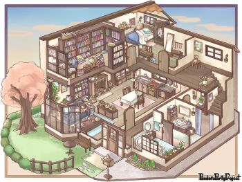 1boy bathtub bed blanket book bookshelf chair chigu commentary_request copyright_name couch door drawer floorplan globe grass holding holding_book house inkwell kitchen laundry_basket lying mailbox_(incoming_mail) mirror musical_note official_art on_back on_couch pandora_party_project pillow plant potted_plant quill reading sink speech_bubble spoken_musical_note stairs stuffed_animal stuffed_toy table tablecloth teddy_bear thought_bubble tree wooden_floor