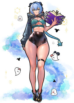 1girl absurdres black_shoes black_unitard blue_hair book bra braid braided_ponytail breasts cape cleavage cloud collar commentary_request ghost goat goat_horns green_bra green_eyes grey_shrug hair_between_eyes hair_ornament high-waist_shorts highres holding holding_book hooded_shrug horns looking_at_viewer lucia_elowen midriff nicchi pointy_ears shoes shorts shrug_(clothing) single_bare_arm single_bare_shoulder solo sparkle standing stomach teeth thigh_strap thighs tongue tongue_out underboob underwear white_background wide_hips zenless_zone_zero