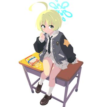 1girl absurdres_(user_unwe3823) ahoge bag_of_chips black_necktie blue_archive blue_halo brown_shoes chips_(food) closed_mouth commentary_request desk food full_body green_eyes green_hair halo highres jacket loafers long_sleeves looking_at_viewer necktie on_desk open_clothes open_jacket panties potato_chips ritsu_(blue_archive) school_desk shirt shoes short_hair simple_background sitting skirt smile socks solo underwear white_background white_panties white_shirt white_skirt white_socks