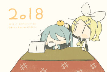 Rule 34 | 2018, 2girls, :d, akeome, aqua hair, arm rest, arm up, arms on table, bad id, bad tumblr id, bare shoulders, black sailor collar, blonde hair, bow, calendar (object), chibi, chibi only, closed eyes, detached sleeves, food, food on head, fruit, fruit on head, hair bow, hair ornament, hairband, hairclip, happy new year, hatsune miku, head rest, kagamine rin, kotatsu, large bow, long sleeves, mandarin orange, multiple girls, neckerchief, nengajou, new year, no nose, nose bubble, object on head, open mouth, parallel hairclips, sailor collar, short hair, signature, sleeves past wrists, smile, table, torla16, twintails, under kotatsu, under table, vocaloid, white bow, white hairband, wide sleeves, yellow neckerchief, | |