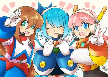 3girls android artist_request blue_hair brown_hair iris_(mega_man) long_hair mega_man_(series) mega_man_x_(series) mega_man_x_dive minerva_(mega_man) multiple_girls peace_symbol pink_hair rico_(mega_man) smile
