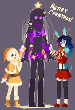 3girls :d ^_^ absurdres animal_ear_fluff animal_ears artist_name bare_shoulders belt black_hair black_hairband black_skin black_thighhighs blue_hair body_fur boots bow bowtie breasts brown_belt brown_eyes candy candy_cane capelet christmas_lights christmas_ornaments closed_eyes clothes_writing clown_nose colored_sclera colored_skin commentary detached_sleeves dress egg_(lemyawn) enderman english_commentary fake_antlers flat_chest floyd_(yoako) flying_sweatdrops food full_body fur-trimmed_boots fur-trimmed_capelet fur-trimmed_dress fur-trimmed_sleeves fur_trim furry furry_female gingerbread_man gloves gradient_hair grey_background grin hair_between_eyes hair_ornament hairband height_difference highres leg_warmers long_hair long_sleeves medium_breasts merry_christmas midriff minecraft multicolored_hair multiple_girls naked_ribbon navel no_mouth open_mouth orange_hair original pink_hair pink_sclera purple_bow purple_bowtie purple_hair purple_hairband purple_ribbon rabbit_ears rabbit_tail red_hair red_shoes red_skirt red_tank_top ribbon shoes simple_background skirt smile standing star_(symbol) star_hair_ornament stomach striped_sleeves tail tall_female tank_top thighhighs white_eyes white_gloves white_hair white_leg_warmers yellow_boots yellow_capelet yellow_dress yoako zettai_ryouiki