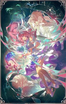 1girl absurdres aqua_hair bare_legs bare_shoulders blue_hair bracelet breasts commentary cyrene_(aedes_elysiae)_(honkai:_star_rail) cyrene_(honkai:_star_rail) cyrene_(ripples_of_past_reverie)_(honkai:_star_rail) dress floating_hair full_body glass_shards gradient_hair hair_floating_upwards hayashikana high_heels highres honkai:_star_rail honkai_(series) index_finger_raised jewelry large_breasts legs long_hair looking_at_viewer mem_(honkai:_star_rail) multicolored_hair multiple_persona multiple_views one_eye_closed open_mouth pink_hair planet purple_eyes smile very_long_hair white_dress