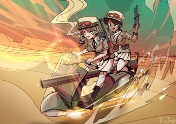 Rule 34 | 2girls, bolt action, cannon, cigarette, cold war, commentary, desert, english commentary, france, gaslands, gign, grabbing another's breast, grabbing from behind, groping, gun, hat, highres, josephine leclerc, kepi, m20 recoilless rifle, mas-36, mas-38, military, military hat, military uniform, military vehicle, motor vehicle, multiple girls, nico jiang, obrez, original, pleated skirt, reference sheet, rifle, rocket launcher, sand, scooter, skirt, smoking, submachine gun, vespa, vespa 150 tap, we love cold war, weapon, white skirt, yvette de castelnau