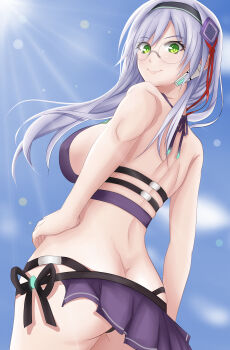 1girl absurdres ass bikini breasts butt_crack commentary_request glasses green_eyes hair_ornament hairband heaven_burns_red highres izumi_yuki_(heaven_burns_red) large_breasts long_hair solo swimsuit user_xtpp7383
