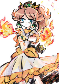 1girl absurdres blue_eyes brown_hair crown dress fire fireball gloves highres long_hair looking_at_viewer mario_(series) nintendo orange_dress ponytail princess_daisy pyrokinesis rakugaki_shitagari-ya simple_background smile super_mario_bros._wonder white_background white_gloves