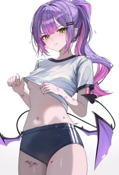 1girl absurdres bandaid bandaid_on_arm bloomers blue_bloomers breasts center-flap_bangs clenched_teeth clothes_lift colored_inner_hair commentary cross cross_earrings demon_girl demon_tail demon_wings double-parted_bangs earrings gradient_hair green_eyes gym_uniform hair_ornament hairclip highres hololive jewelry kkato leg_tattoo long_hair looking_at_viewer low_wings multicolored_hair navel no_bra parallel_hairclips piercing pink_hair pointy_ears ponytail purple_hair shirt shirt_lift simple_background small_breasts solo spiked_ear_piercing stomach t-shirt tail tail_ornament tail_piercing tattoo teeth tokoyami_towa underwear untranslatable_commentary virtual_youtuber white_background white_shirt winged_heart winged_heart_tattoo wings