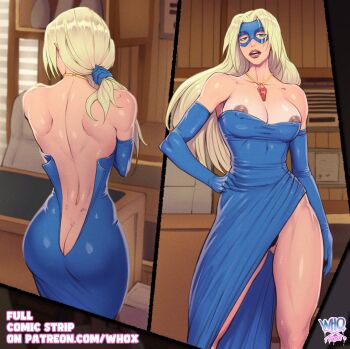 1girl areola_slip artist_logo artist_name ass blonde_blazer blonde_hair blue_dress blue_gloves breasts butt_crack dark_nipples dispatch dress elbow_gloves english_text front_and_back gloves highres jewelry logo long_hair medium_breasts necklace nipple_slip nipples solo strapless strapless_dress whox
