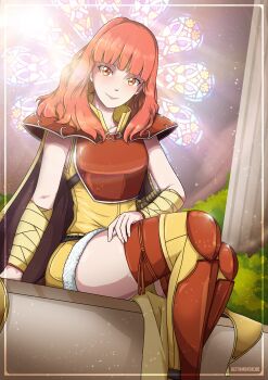 1girl absurdres armband armor armored_boots boots breastplate cape celica_(fire_emblem) celica_(warrior_princess)_(fire_emblem) fire_emblem fire_emblem_echoes:_shadows_of_valentia fire_emblem_gaiden fire_emblem_heroes highres keith_montalbo long_hair looking_at_viewer nintendo official_alternate_costume orange_eyes orange_hair princess red_armor red_eyes red_hair shorts shoulder_pads sitting solo stained_glass thigh_boots warrior window yellow_shorts