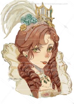 Rule 34 | absurdres, aqua dress, aqua flower, aqua rose, argyle background, beads, blush, brown hair, collar, commentary request, cropped shoulders, crown, detached collar, dress, echoed dreams (infinity nikki), eyelashes, eyeshadow, flower, french commentary, gold necklace, green eyes, hair beads, hair flower, hair ornament, hair over shoulder, happy, hat feather, highres, infinity nikki, jewelry, light blush, lipstick, long hair, makeup, medici collar, mini crown, mole, mole under eye, necklace, nikki (series), nose blush, open mouth, parted bangs, preana, red lips, ringlets, rose, sample watermark, signature, simple background, smile, teeth, too many watermarks, upper teeth only, victorian, watermark, white background, white collar, yellow eyeshadow, yellow flower, yellow rose