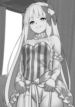 1girl absurdres black_bow bow colored_inner_hair dress fate/strange_fake fate_(series) francesca_prelati_(fate) garter_straps hair_bow highres long_hair looking_at_viewer monochrome multicolored_hair naughty_face panties ringed_eyes simple_background striped_clothes striped_dress underwear vertical-striped_clothes white_dress xueli_shimazaki