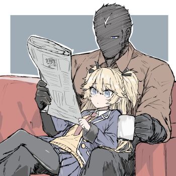 1boy 1girl black_pants black_pantyhose black_ribbon black_skin blazer blonde_hair blue_eyes blue_jacket blue_skirt blush bright_pupils brown_shirt character_request closed_mouth coffee_mug collared_shirt colored_skin couch couple crossed_legs cup double-parted_bangs faceless faceless_male feet_out_of_frame girls&#039;_frontline grey_background hair_between_eyes hair_ribbon hatching_(texture) hetero holding holding_cup holding_newspaper jacket linear_hatching long_hair long_sleeves miniskirt mug muscular muscular_male necktie newspaper on_couch on_lap one-eyed open_clothes open_jacket outline pants pantyhose pleated_skirt r_scrubed reading reclining red_necktie red_pupils ribbon shirt short_hair sidelocks simple_background sitting skirt super-shorty_(girls&#039;_frontline) sweater_vest two-tone_background two_side_up white_background white_outline white_pupils white_shirt yellow_sweater_vest
