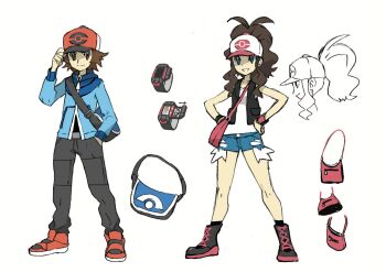 10s 1boy 1girl 2024_pokemon_teraleak absurdres professor_juniper brown_eyes brown_hair concept_art denim denim_shorts full_body hand_in_pocket high_ponytail highres hilbert_(pokemon) hilda_(pokemon) long_hair multicolored_hair multiple_views nintendo official_art pants poke_ball_print pokemon pokemon_bw ponytail production_art reference_sheet scan shaded_face short_hair short_shorts shorts smile sugimori_ken translation_request vest white_background wide_hips